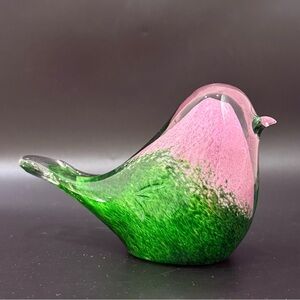 Murano Style Art Glass Green & Pink Adorable 3.5” Glass Bird Paperweight 1.74lbs